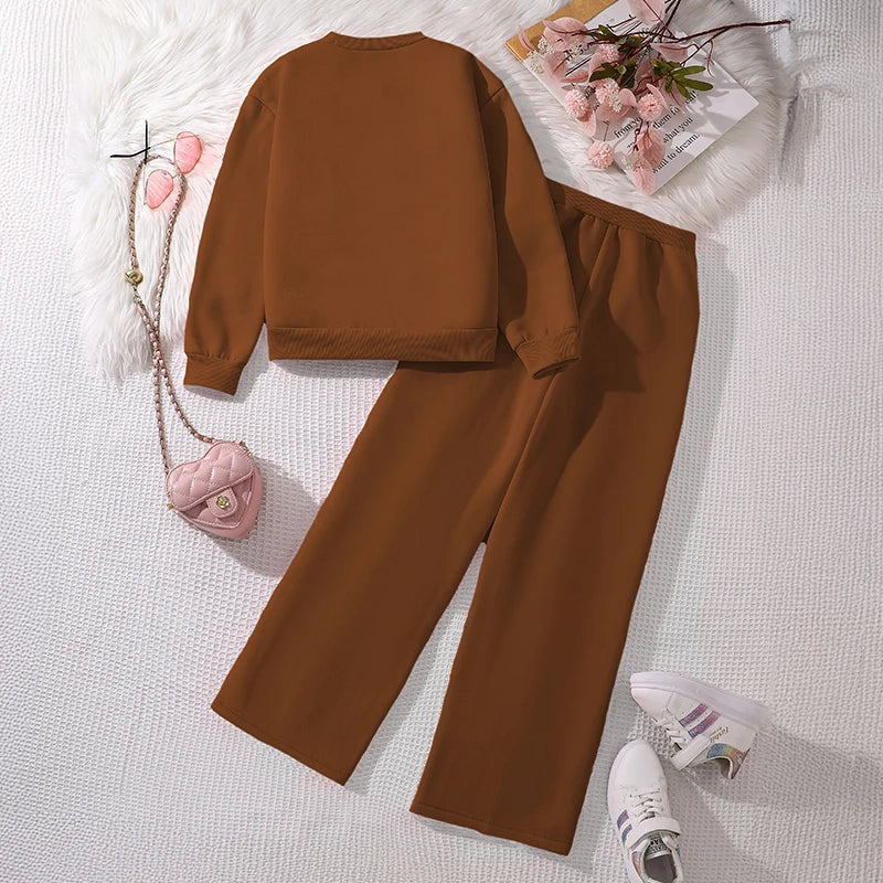 Children‘s Autumn Winter Warm Clothes Sets For Girls Solid Color Heart Print Top And Pants Daily Causal Sports Loose Lounge Wear