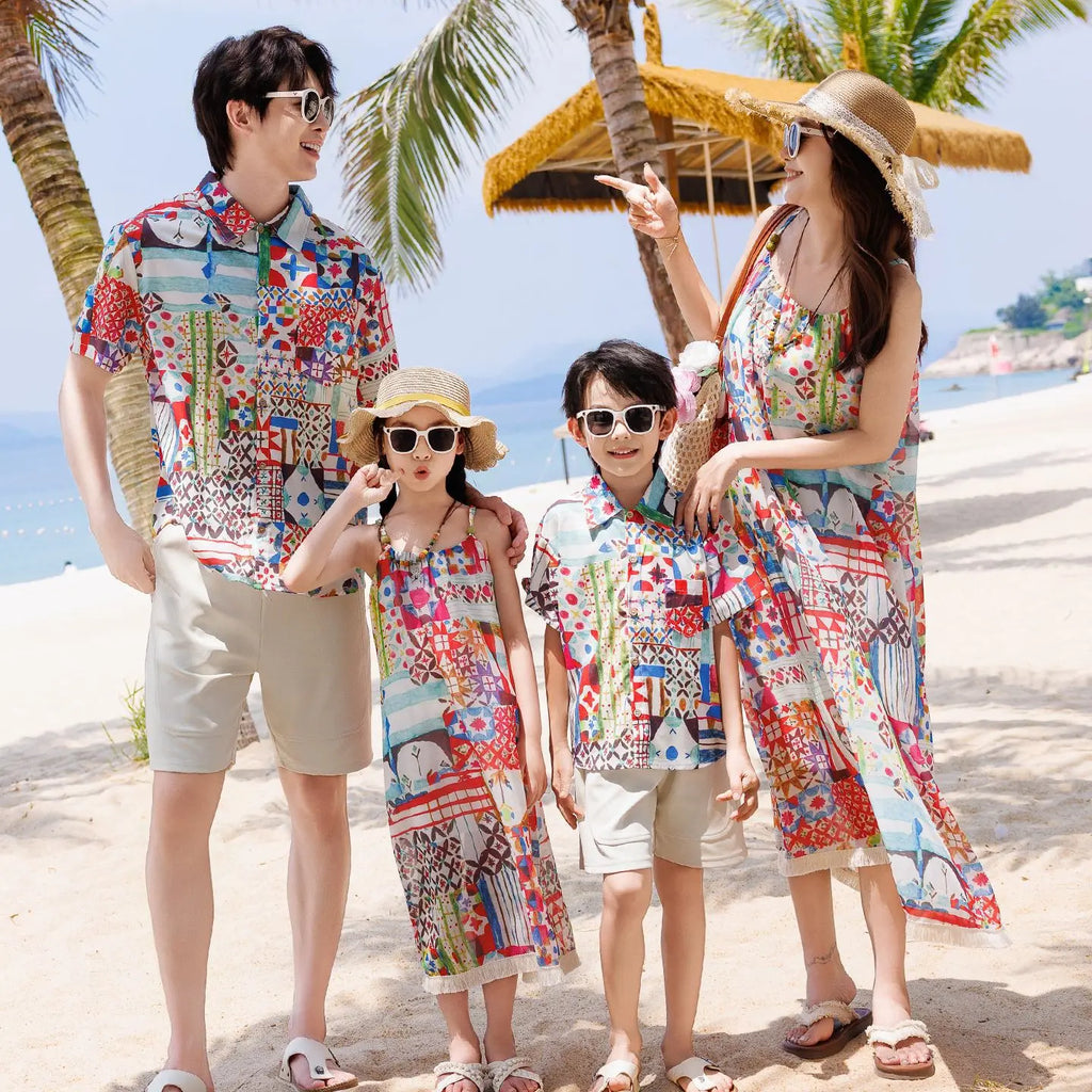 Vacation Family Matching Outfit Beach Holiday Mother‑Daughter Spaghetti Strap Dress Father‑Son Shirt Shorts Sets Couple Clothes