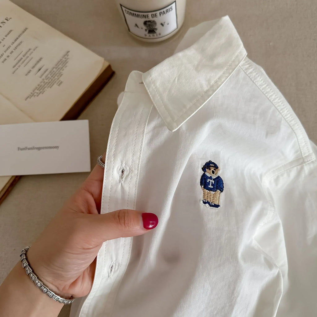 Children's Shirt 2025 Spring Cartoon Boys' Girls' Long Sleeve Blouses Shirts Korean Children's Clothing Pink Blue White Blouse