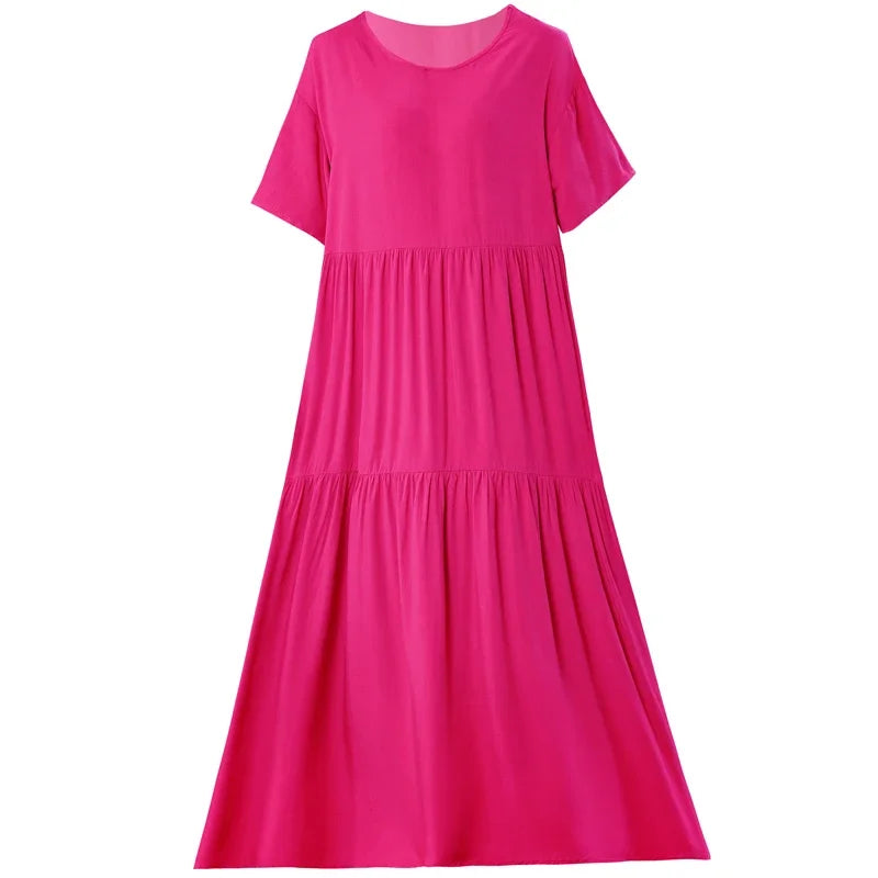 Women's Oversized A-Line Midi Dress – Loose Fit Short Sleeve Summer Sundress
