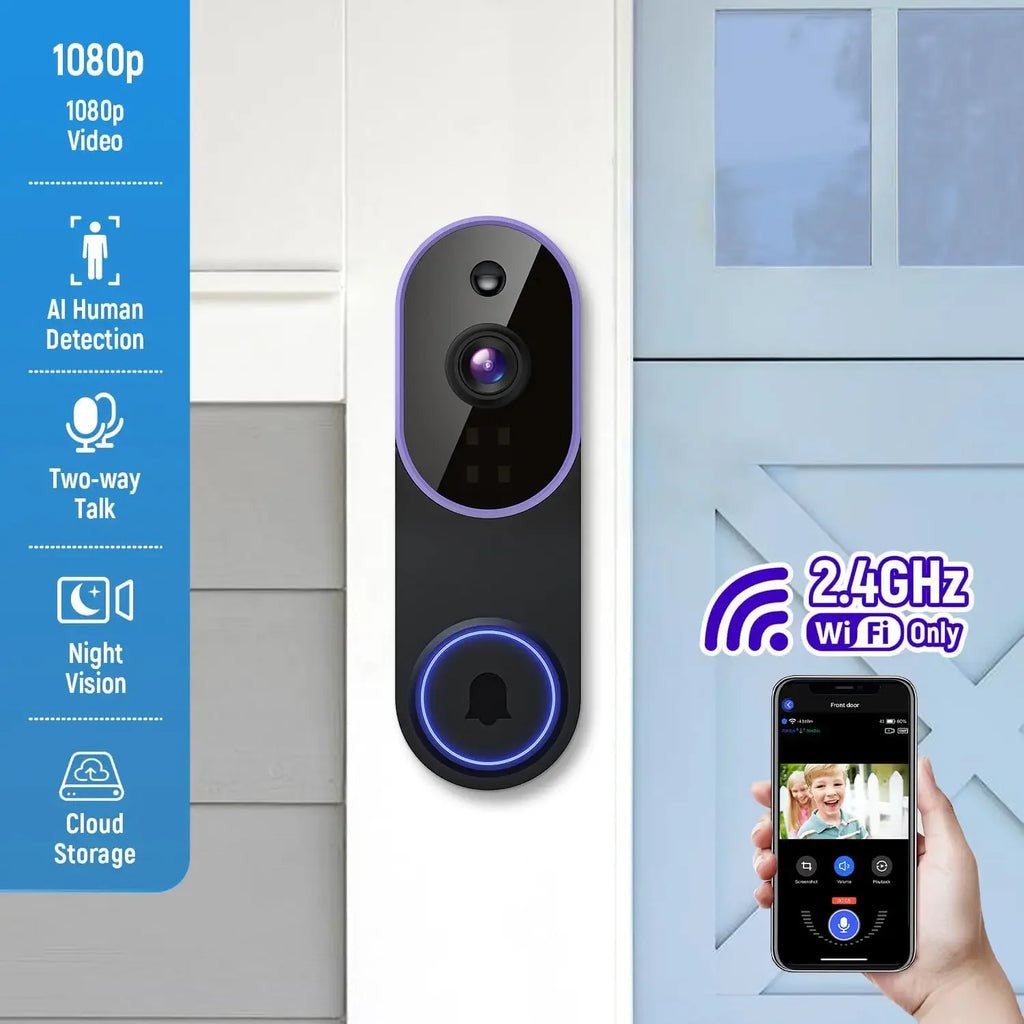 Smart Wireless Video Doorbell Camera AI Human Detection Night Vision Cloud Storage Battery Powered Indoor Outdoor Home Security Surveillance