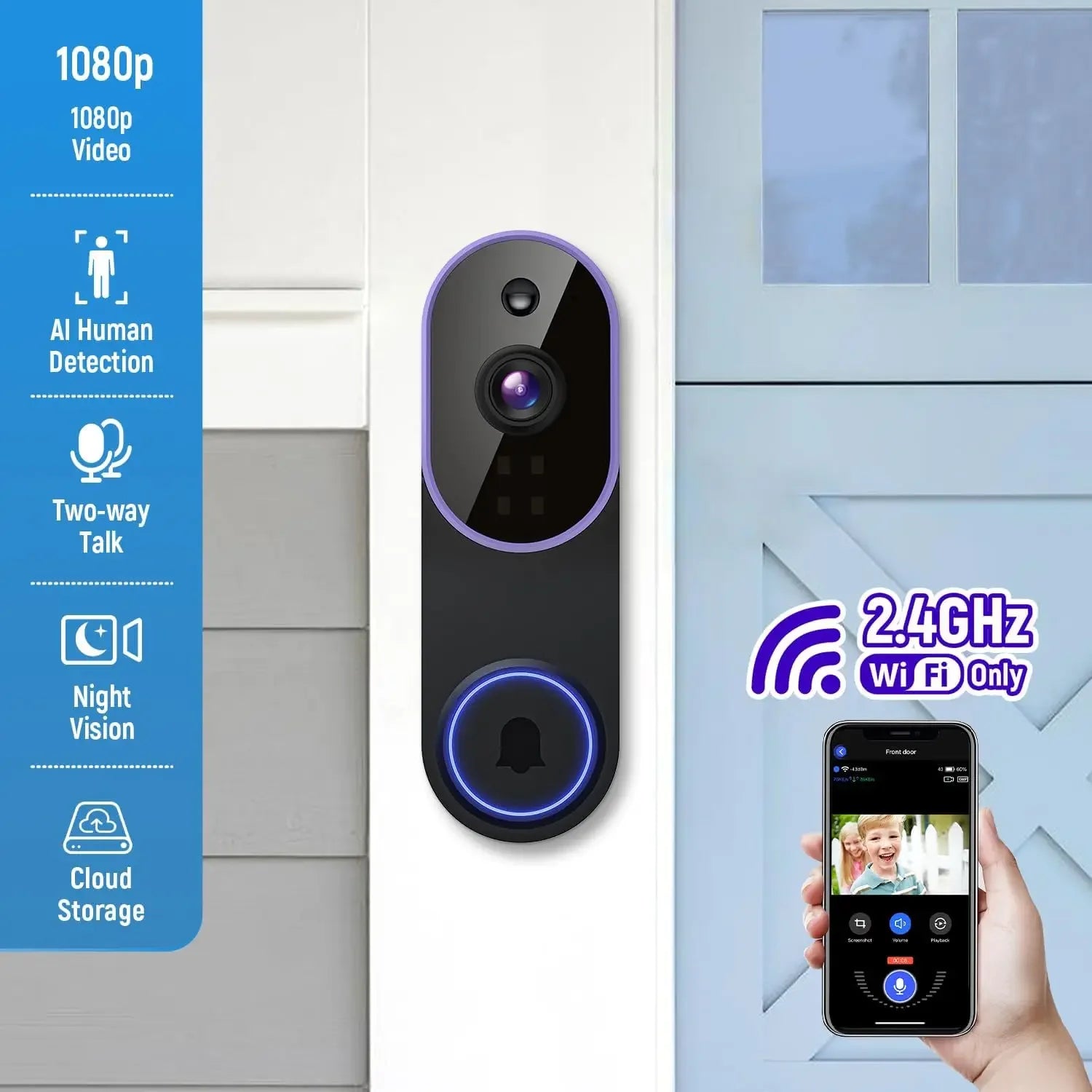 Smart Wireless Video Doorbell Camera AI Human Detection Night Vision Cloud Storage Battery Powered Indoor Outdoor Home Security Surveillance