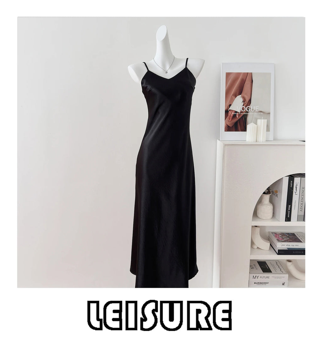 Elegant Chinese Style Satin V-Neck Sleeveless Women's Dress Slimming Waist Design Summer City Walk Long Skirt Inner Wear