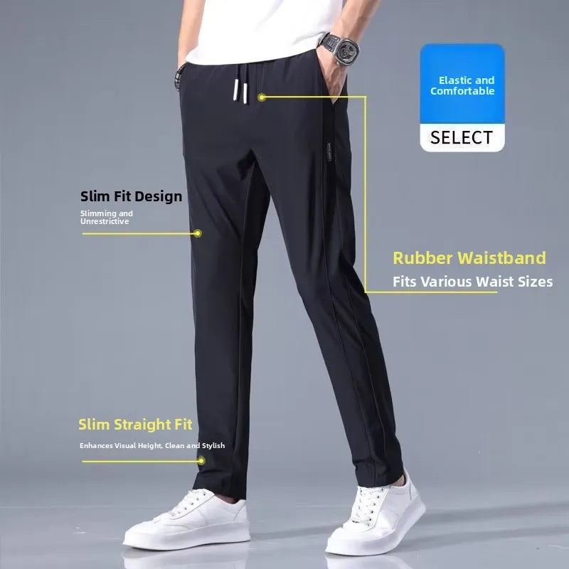 Men'S Summer Ice Silk Sporty Thin Straight Leg Long Pants Elastic Casual Trousers Large Size Versatile Youth Fashionable