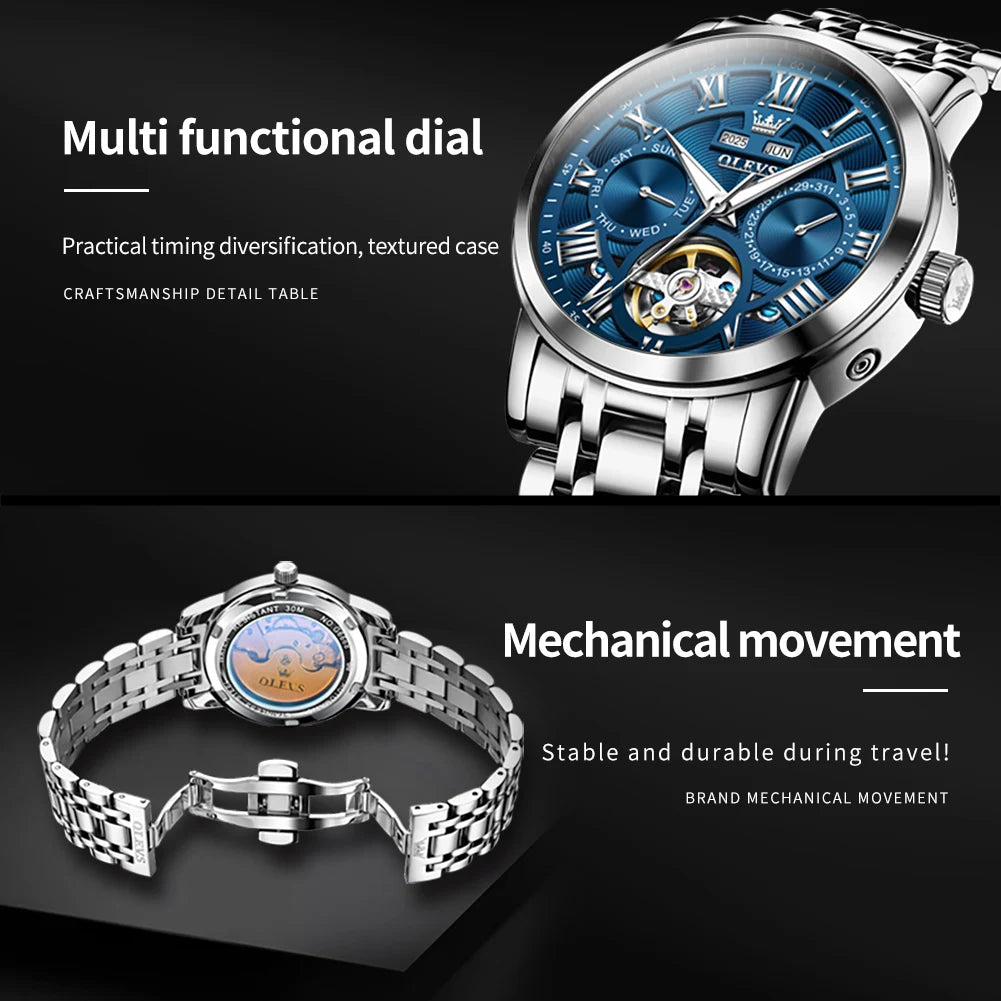 OLEVS 6668 Original Men's Watch Multifunctional Skeleton Waterproof Stainless steel Strap Business Automatic Mechanical Watches