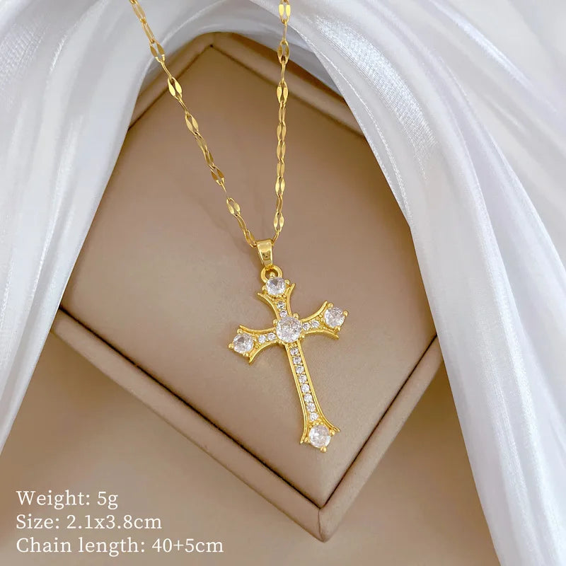 Full Zircon Cross Necklace For Women'S Gold Color Anti-Tarnish Titanium Steel Jewelry