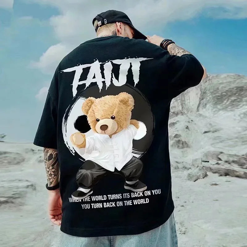 M-8Xl Men'S T Shirt Oversized Streetwear Hip Hop Loose Fashion Korean Short Sleeve Round Neck Print Kung Fu Bear Couple Clothes