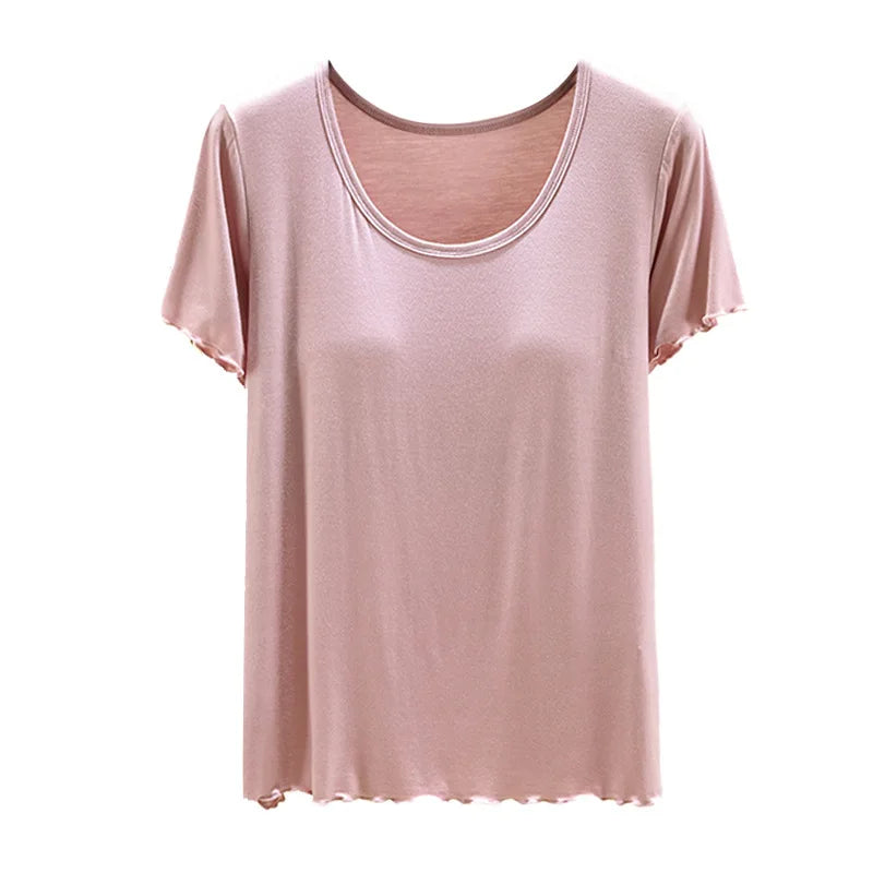Modal No- Bra T-Shirt One-Piece Short Sleeve Women Summer Wear Casual Solid Color Base Layer Outdoor Wear round Neck T-Shirt