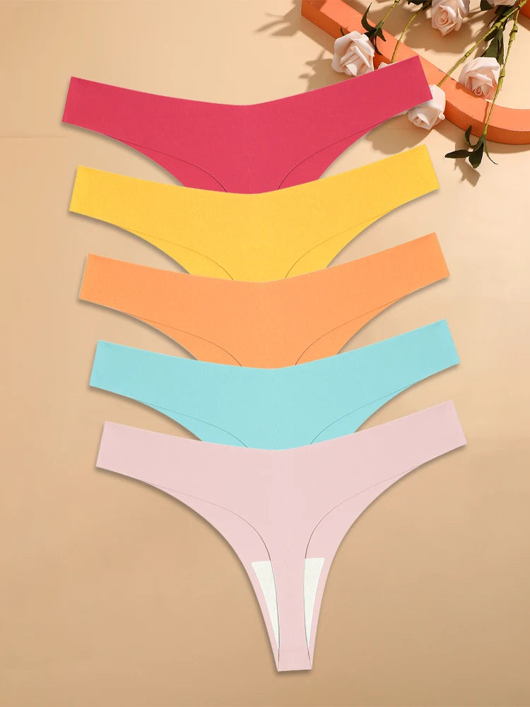 Ice Silk Seamless Thongs For Women Low Rise Breathable Invisible Comfort Panties 5 Pack