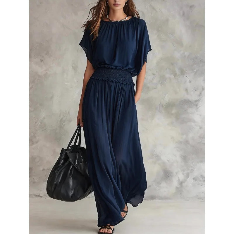 Elegant High-Waisted Loose Dress for Women Summer Fashionable Casual O-Neck Batwing Short Sleeve Waist-Cinching Elegant Women's