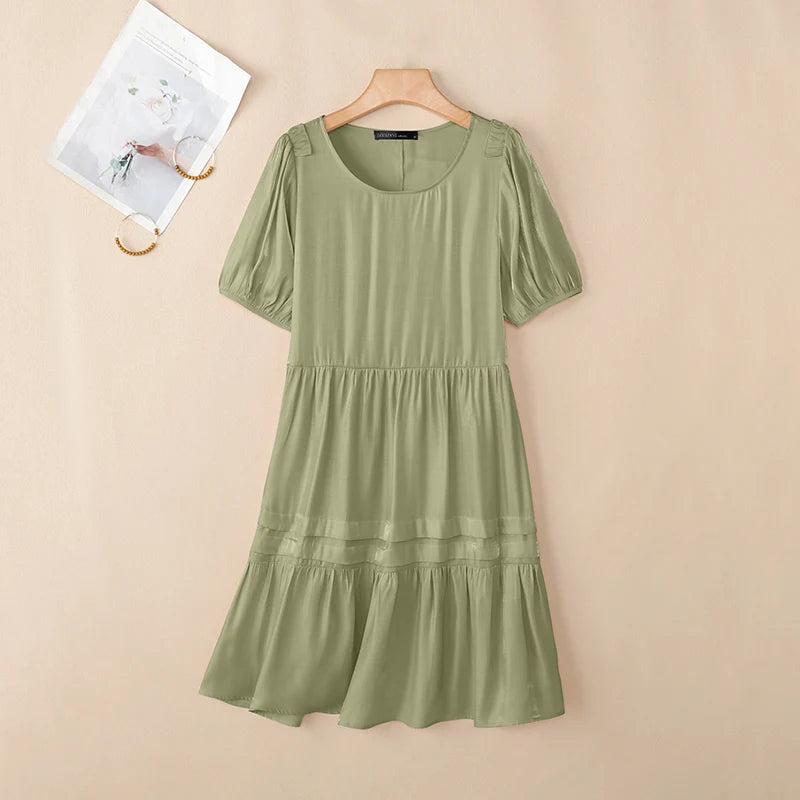 Fashion Summer Sundress ZANZEA Women Casual Short Sleeve O Neck Dresses 2026 Eleagnt Solid OL Work Dress Holiday Pleated Vestido