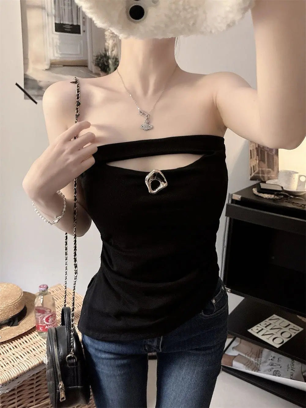 Sexy Slimming Red One-Shoulder Tube Top Women's Summer Fitted Hollow out Chest Pad Korean Style Thin T-Shirt Vest