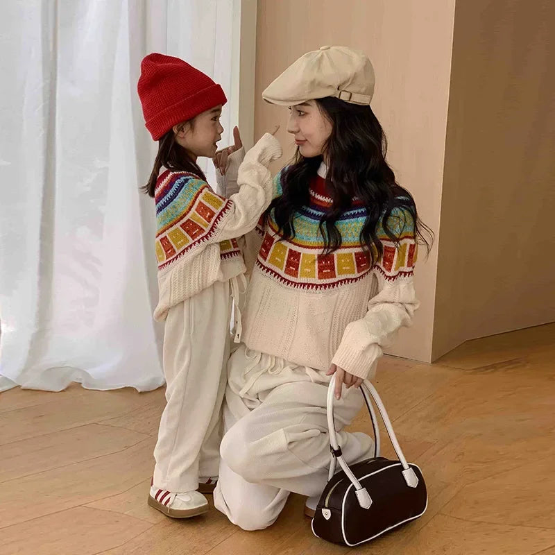 Women Sweater Print Family Daughter Matching Equal Mother Same Knit Top Pullover Baby Knitwear Clothes Knitted Jumper Holiday