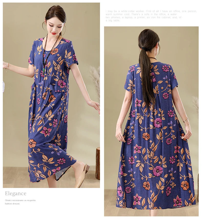 New Fashion Casual Summer Dresses For Women 2026 Loose Plus Size Clothes Elegant printting O-neck Short Sleeve Woman Clothing