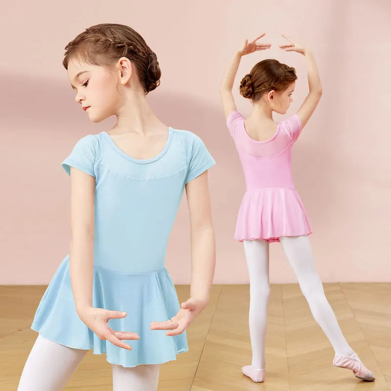 Girls Ballet Leotard Dress – Mesh Splice Short Sleeve Chiffon Skirted Dance Costume
