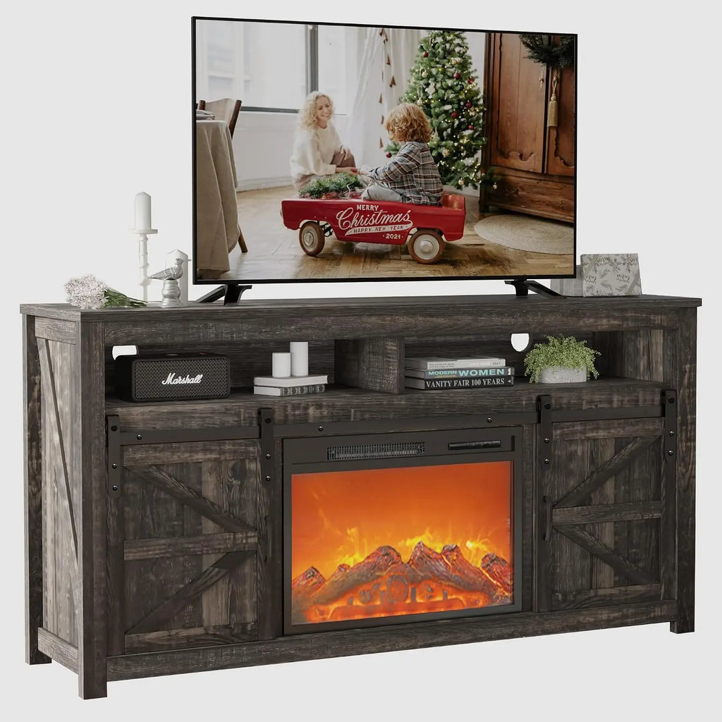 58" Farmhouse TV Stand Fireplace & Sliding Barn Door, Rustic Media Console 2 Shelves Living Room, Dark Oak, Customized