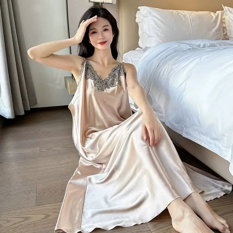 Extra Large Size Long Loungewear 150kg Plus Size Ins Trend Maxi Nightdress Sexy Loose Ice Silk Suspender Nightgown Summer Pajama