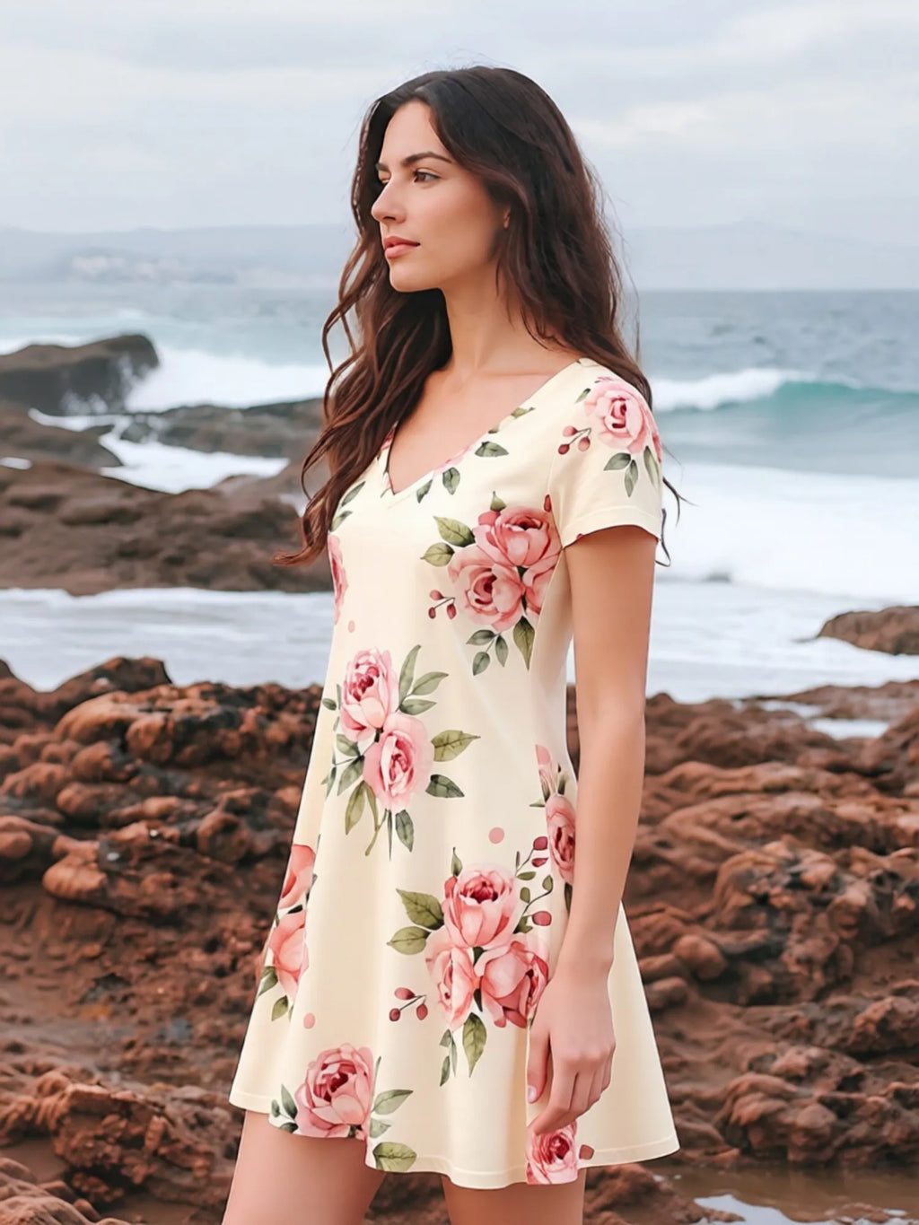 Casual Womens V Neck Short Sleeve Floral Print Dress Relaxed Fit Summer Mini Dress for Everyday Wear Holidays Travel and Parties