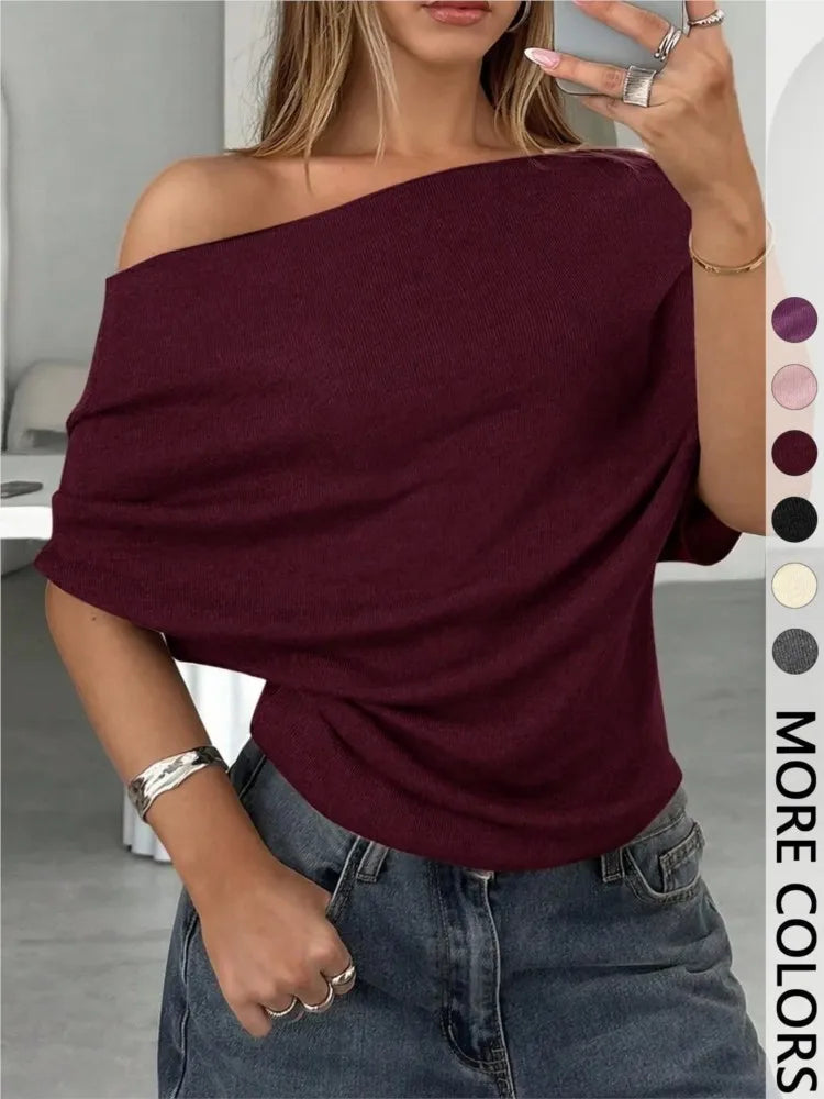Women's Fashion Sexy Hot Girl One Shoulder T-Shirt 2026 Summer New Slim Bat Sleeve Solid Color Versatile Top T-Shirt Female
