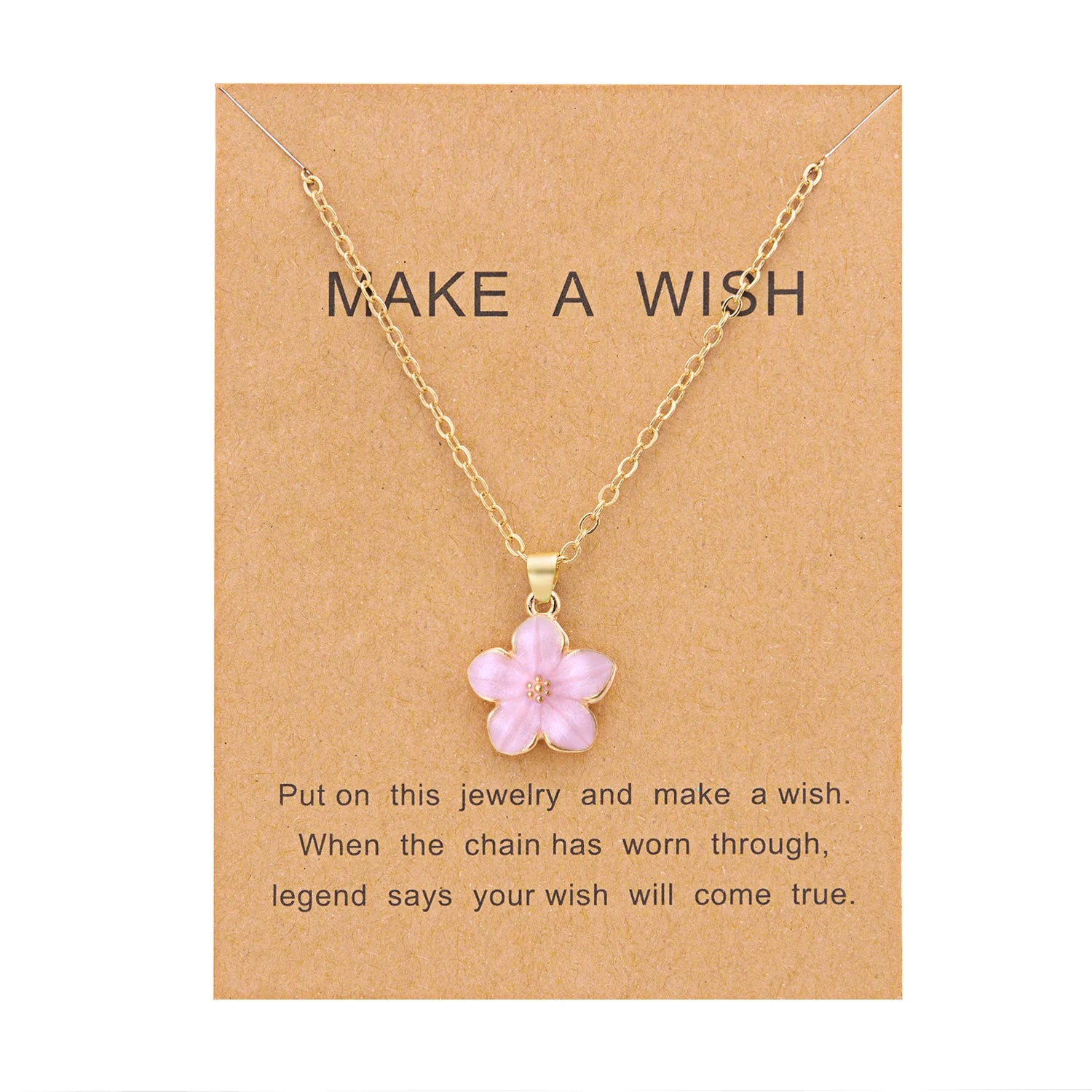 Minimalist Colorful Flower Necklace For Women'S Romantic Pink Cherry Pendant Necklace Make A Wish Paper Card Friendship Jewelry