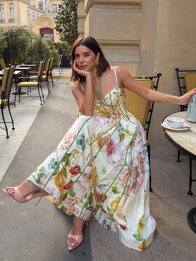 Floral Printed Sleeveless Halter Neck Maxi Dress Lady Waist Cinching A-Line Dresses 2026 Women'S Summer Vacation Vestidos