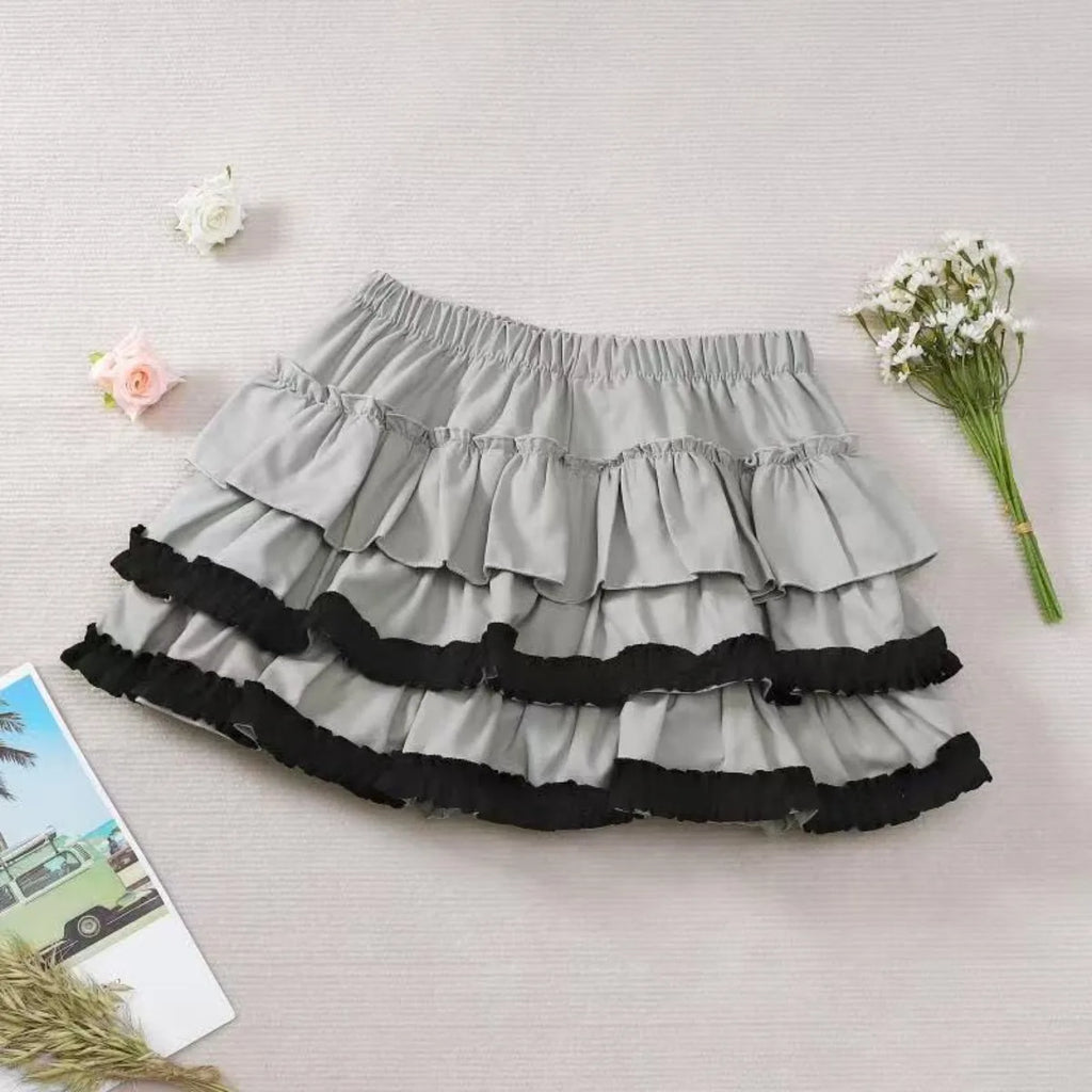 Y2K Black White Print Mini Skirt Women Slim Design Ruffle Layered A Line Skirt Elastic Waist Harajuku Pleated Short Piano Skirts