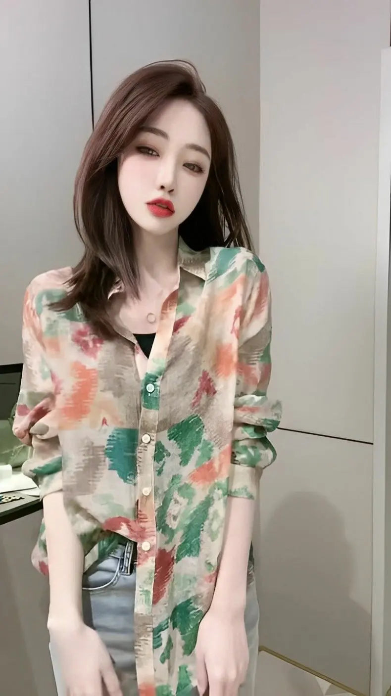 Spring 2026 Floral Print Loose Long Sleeve Women's Shirt Fashionable Versatile Korean Style Commute Polonaise Polyester Fiber