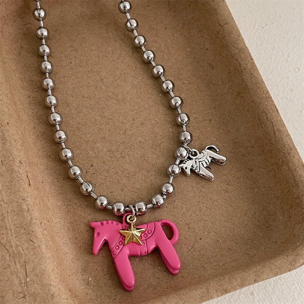 Lats White Black Green Blue Pink Color Enamel Colt Horse Pendant Necklaces For Women'S Silver Plated Alloy Beads Chain Chokers