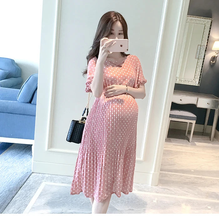 Summer Maternity Dress for Pregnant Women Petal Collar Bubble Sleeve High Waist Peter Pan Casual Temperament Gown