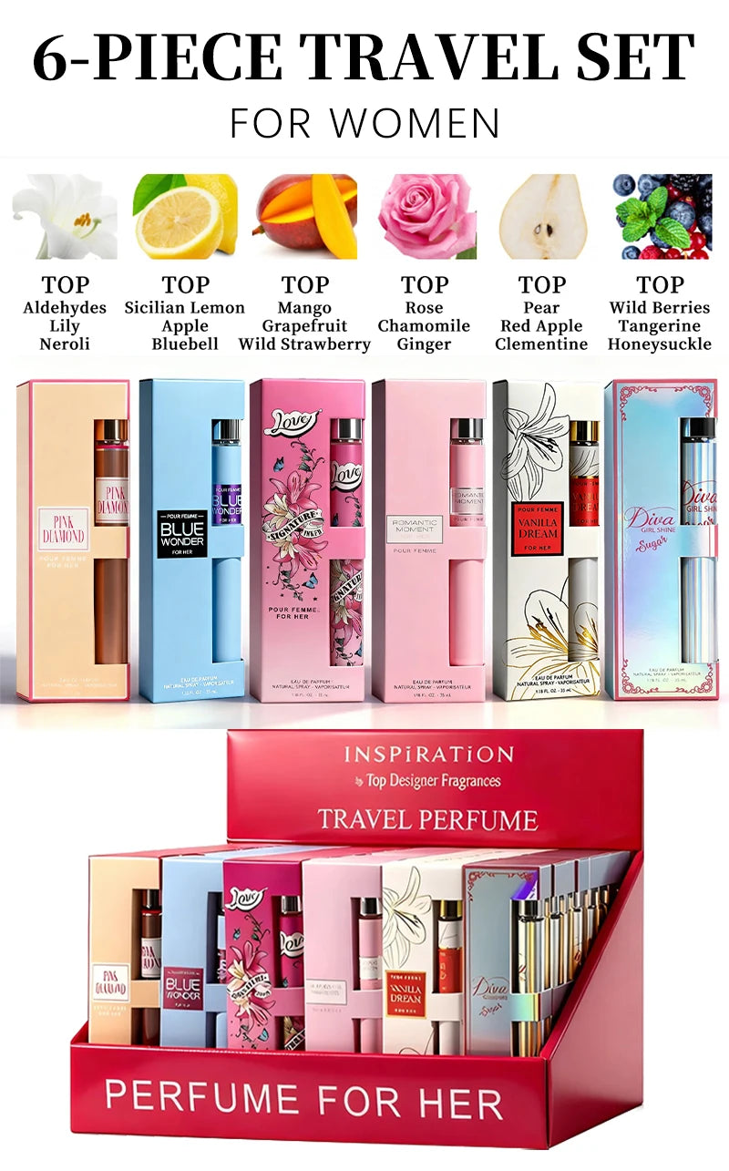 6-Piece Travel Set, Men's and Women's Eau De Toilette Spray, Long-Lasting Fragrance, 6 Different Flavors, Perfect for Holiday Gift
