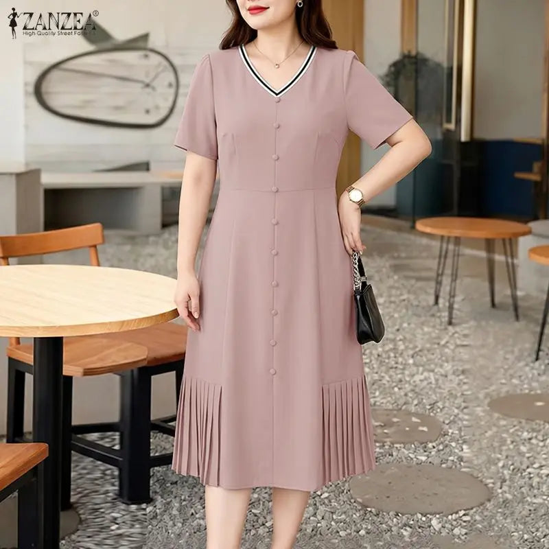 2026 ZANZEA Women Summer Sundress Patchwork Dress Elegant V Neck Short Sleeve Work Dresses Buttons Up Midi Robe Pleated Vestidos