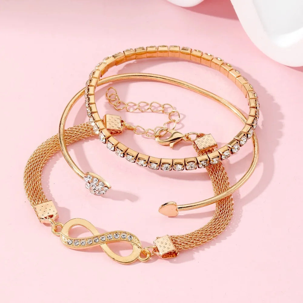 Vintage Infinity Heart Crystal Rhinestone Bracelet Set For Women'S Female Gold Color Metal Adjustable Bracelets Fashion Jewelry