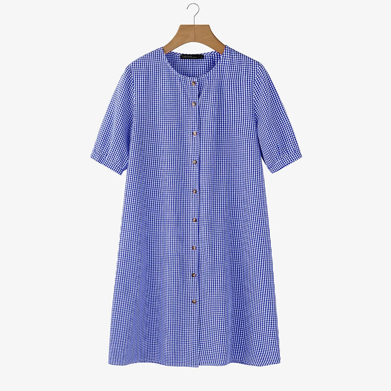 2026 ZANZEA Women Summer Sundress Elegant Short Sleeve Plaid Checked Dress Casual O Neck Work Dresses Baggy Holiday Vestido Robe