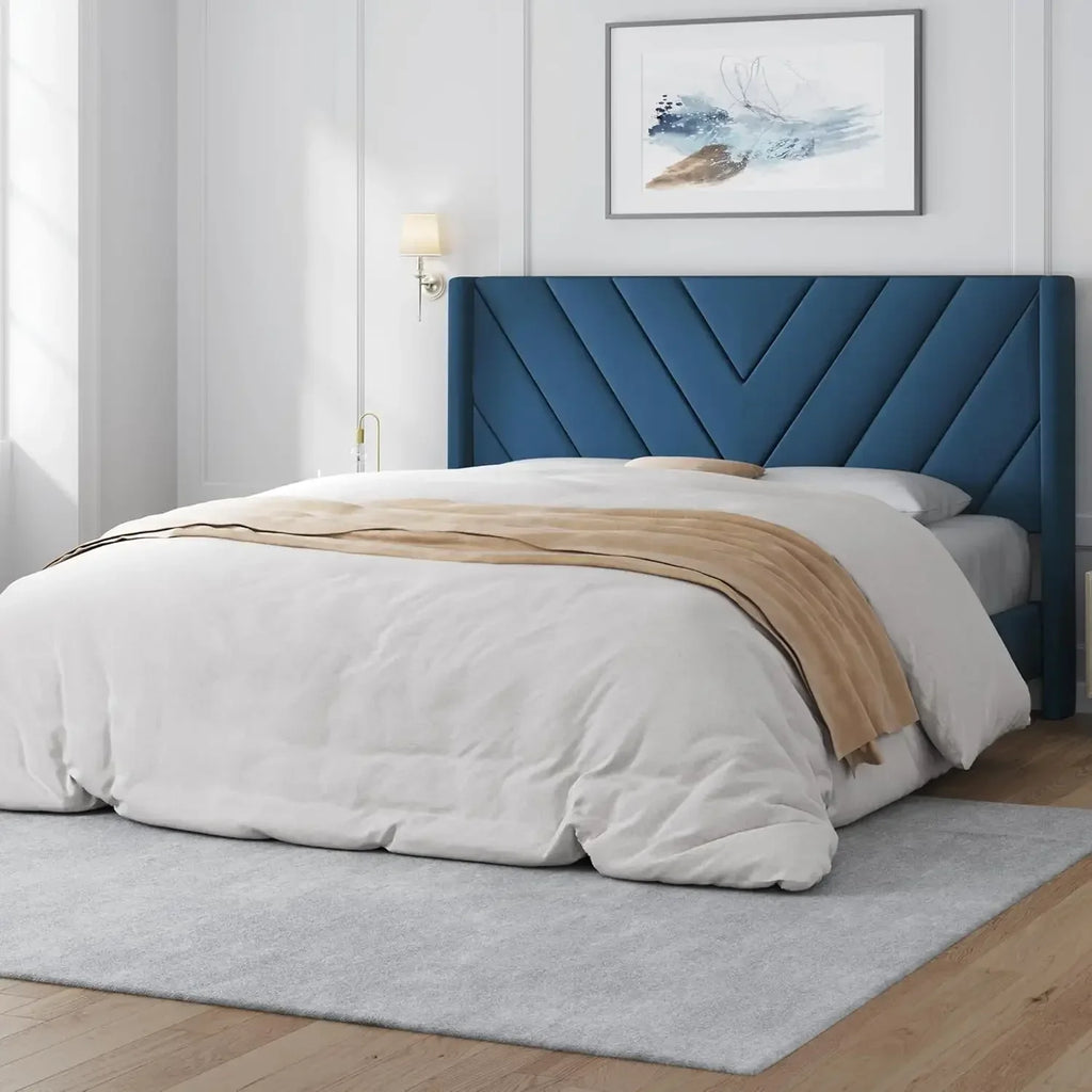 Queen Bed Frame Upholstered Platform Bed with Wing Side/Wooden Slat Support/Tufted Headboard with Wing Side/Mattress Foundation