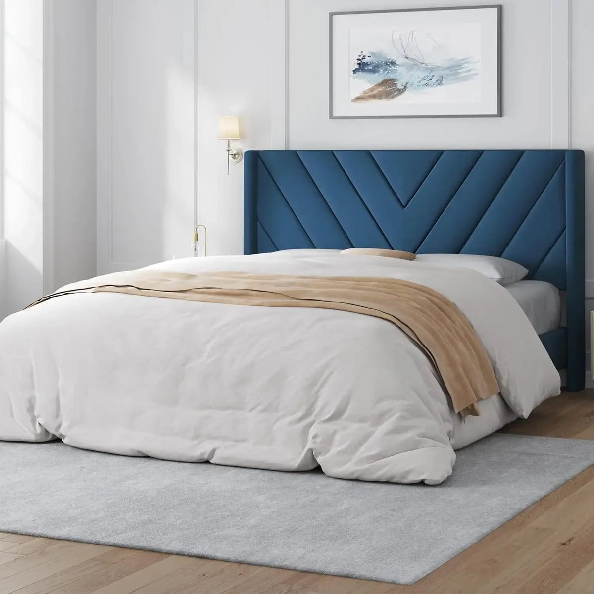 Queen Bed Frame Upholstered Platform Bed with Wing Side/Wooden Slat Support/Tufted Headboard with Wing Side/Mattress Foundation