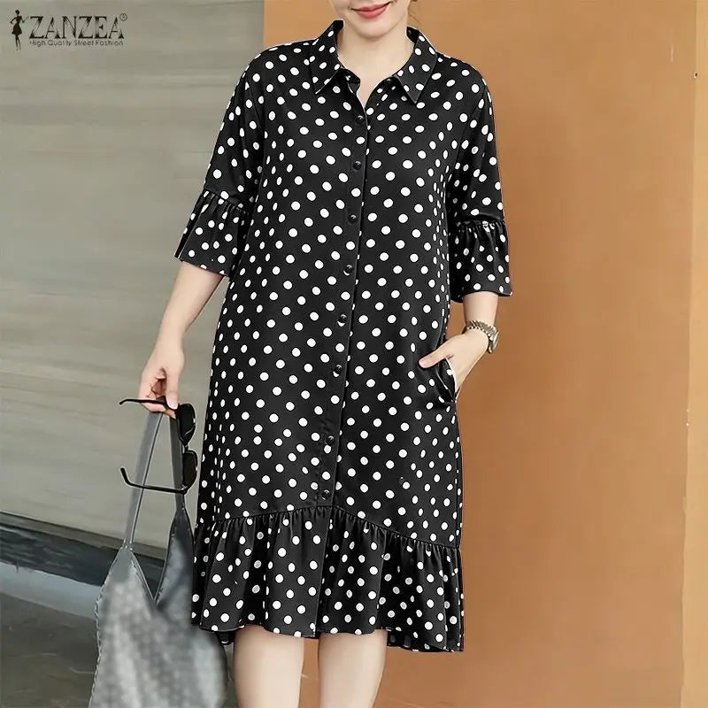 ZANZEA Summer Elegant Lapel Neck Short Sleeve Sundress Polka Dots Printed Women Dress Stylish Casual Holiday Beach Midi Dresses