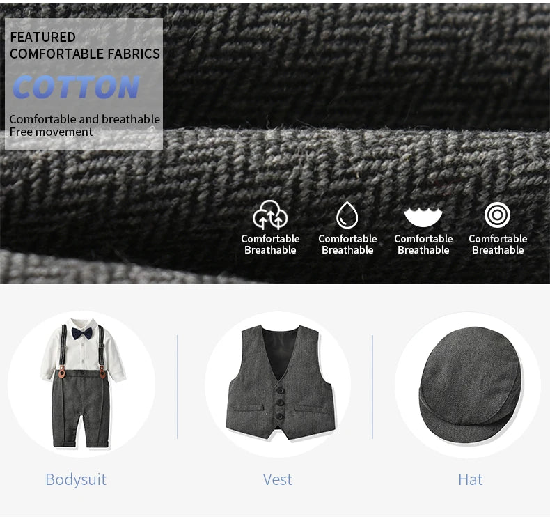 Baby Boys Gentleman Suit Formal 1st Birthday Newborn Outfit One-piece Jumpsuit+Vest+Bowtie+Suspender Toddler Clothes 1 2 3 years