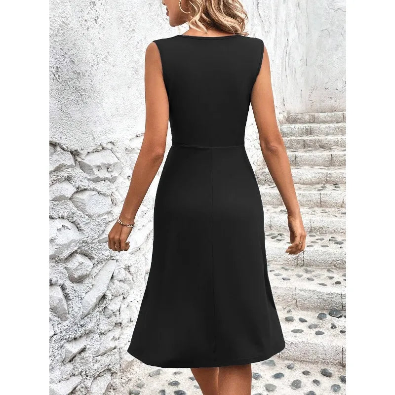 Woman Clothing Skirts Dresses 2026 Woman Summer Solid Color V-Neck Waist-Tied Cross-Front Pleated Sleeveless Long Dress