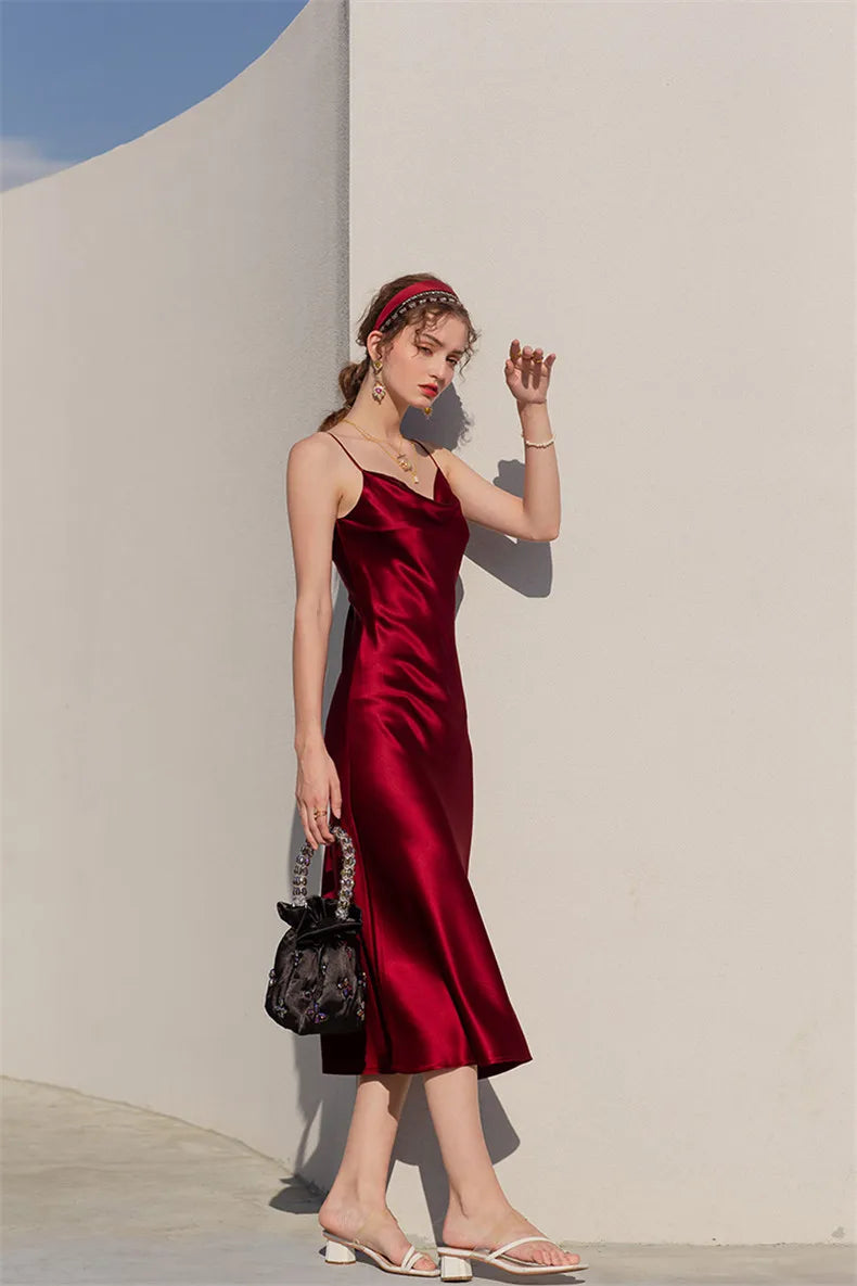 Sexy Spaghetti Strap Burgundy Vintage artificial silk Party Dresses Summer Women Satin Slip Dress Femme long Robe Vestidos
