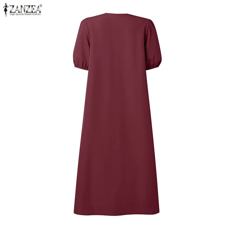 ZANZEA Summer Maxi Dress WomenV Neck Puff Sleeve Button Down Dress Casual Loose Solid Color Ruffle Hem Vacation Sundress Robe