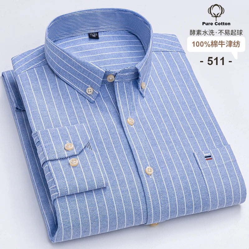 New 100% Cotton Oxford Men Shirts Long Sleeves Plaid Soft Regular Fit Formal Dress Shirt Pocket Social Blouse Male Clothes S-7XL
