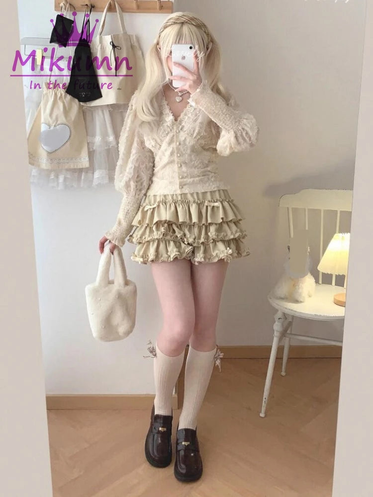 Mikumn Harajuku Sweet Bow Ruffles Mini Skirt Japanese Cute Y2k Elastic Waist Fluffy Pleated Mini Skirts Lolita Kawaii Cake Skirt