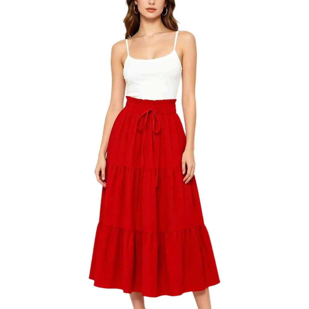 Elegant High Waist A-Line Midi Skirt with Drawstring Pure Color Women's Fashionable Versatile Half-length Skirt for Casual Tr...