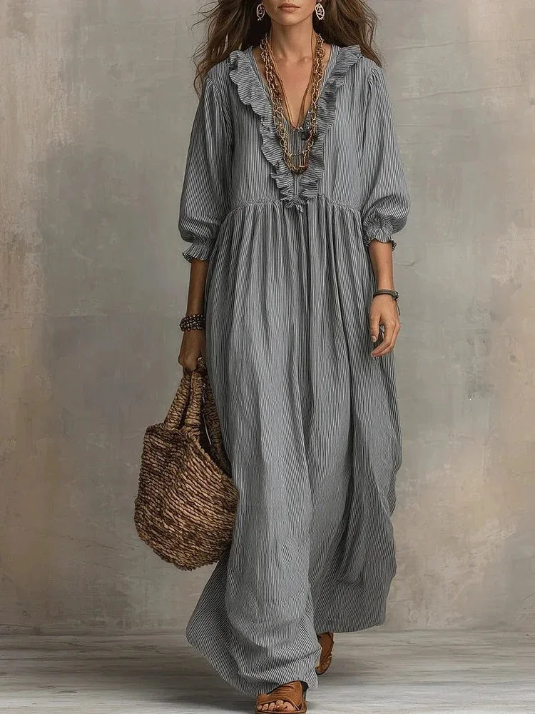 2026 New European and American Independent Website Striped Ruffled Loose High-Waisted V-Neck Fashion Casual Dress