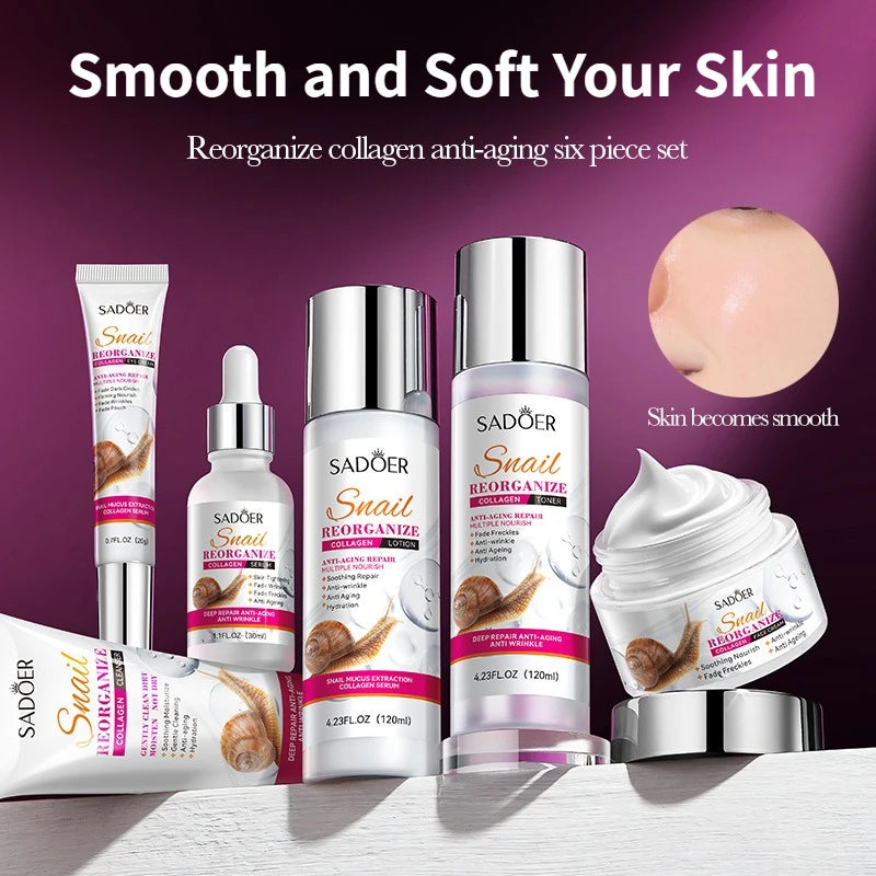 Snail 6Pcs Facial Skin Care Set Collagen Moisturizing Cleanser Toner Eye Cream Facial Serum Nourishing Repair Whitening Skin Kit