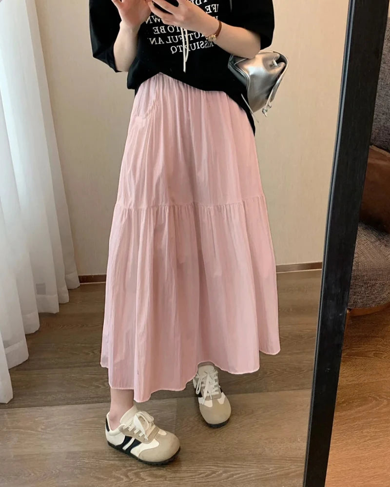Summer Women Skirts Vintage High Waist Elastic Patchwork White Long skirt Chic pink skirt Long Cake A-line Skirt