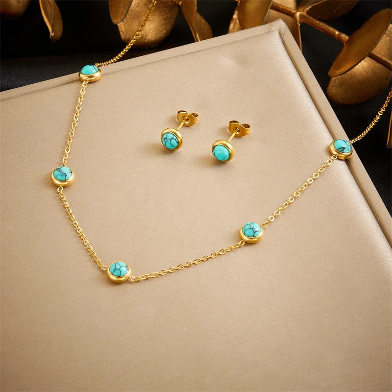 Dieyuro 316L Stainless Steel Turquoise Simplicity Necklace Earrings For Women'S 2024 New Fashion Jewelry Set Gifts