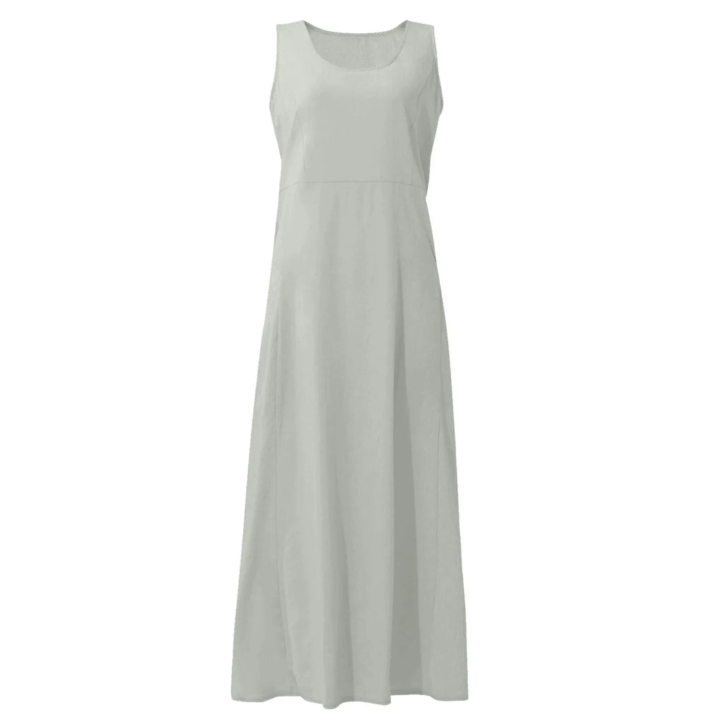 Women Cotton linen dress Fashion Simple beach dresses Solid Color Sleeveless Long skirt With pocket vestidos veranos moda 2024