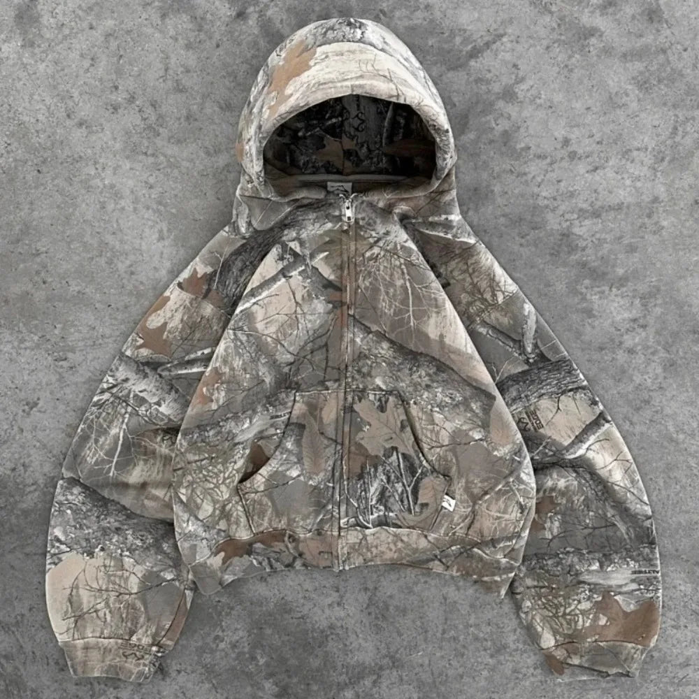 Y2K Hoodie Retro Zip Up Camouflage Pattern Zipper Sweatshirt High Street Hip Hop Streetwear Man And Women'S Hoodies Unisex Camo