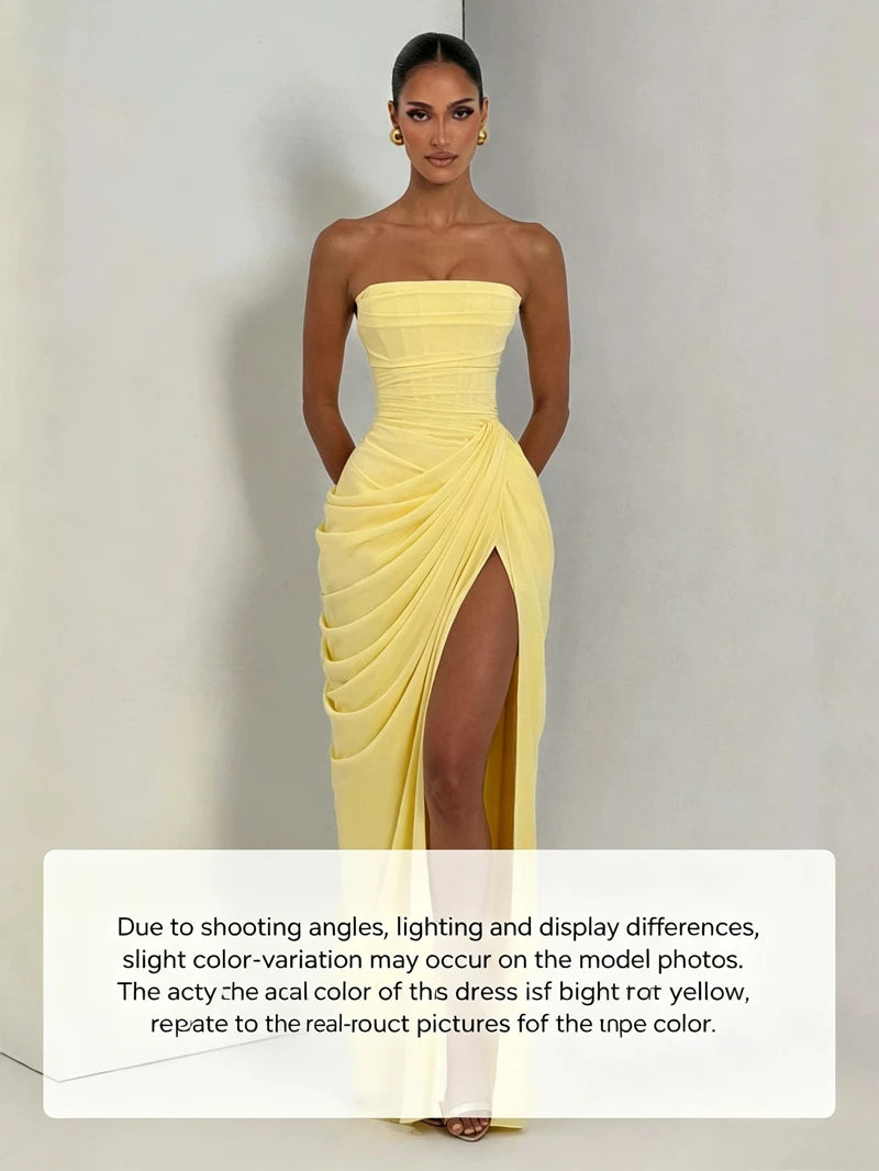 Elegant Strapless Ruched Maxi Dress Sexy Backless Lace Up Cinched Waist Slit Draped Bodycon Dresses Cocktail Party Evening Gown